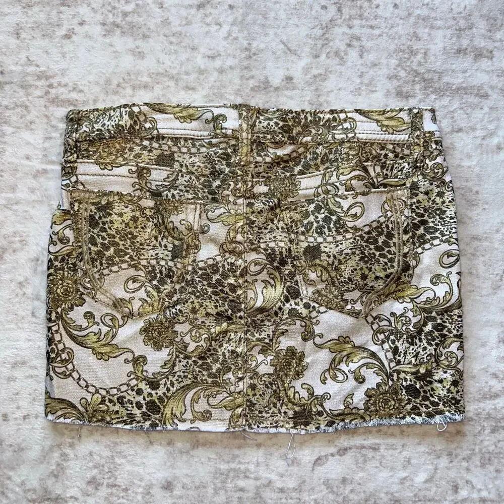 Vintage Y2K Hot Kiss Gold Metallic Print Denim Skirt